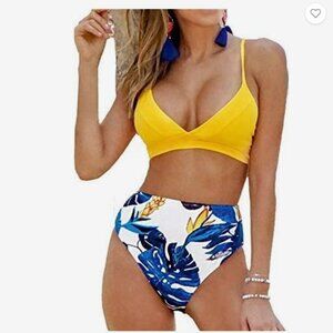 CUPSHE Yellow Blue Leaves Print Lace Up Bikini